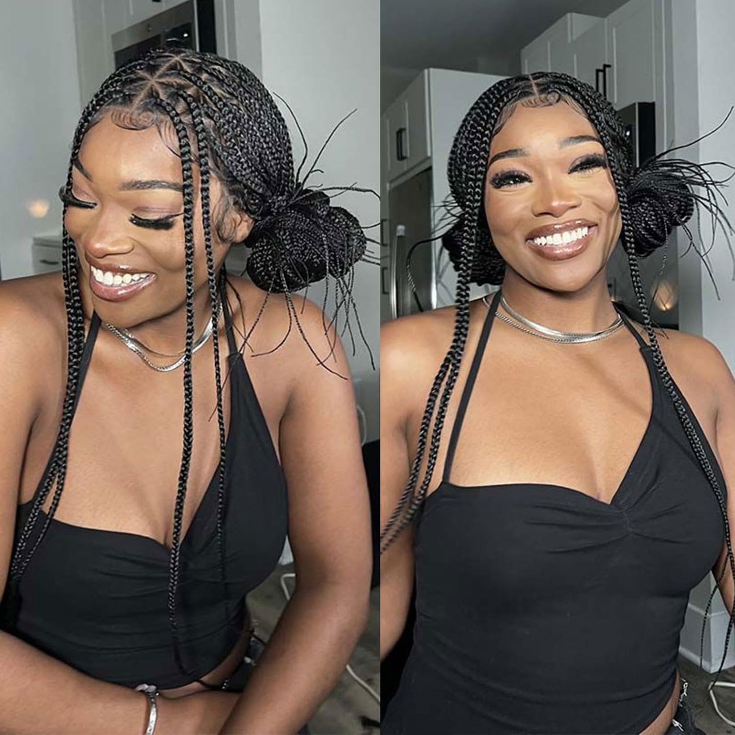 360 Full Lace Knotless Box Braided Wig, Long Black Synthetic Hair, Triangle Lace Front (Black, 34 inches)