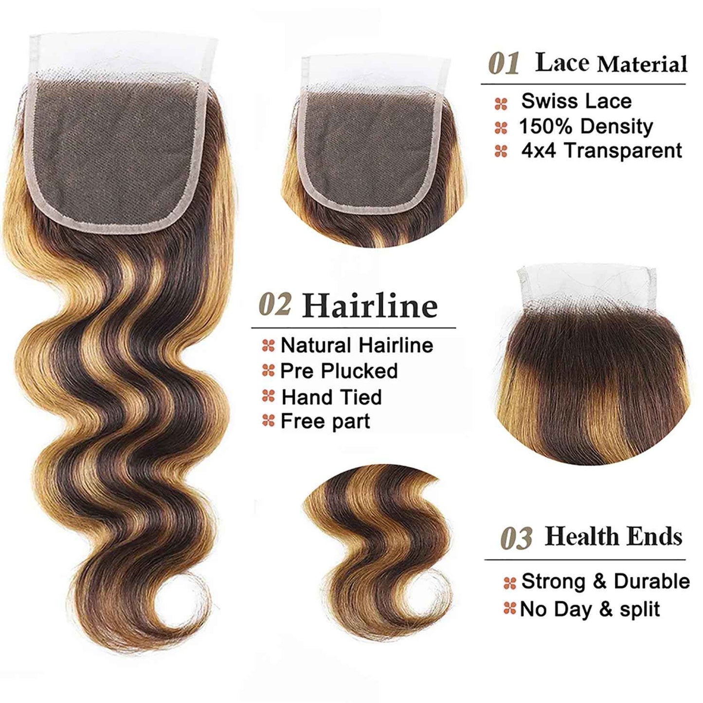 Highlight Bundles with Closure Human Hair Body Wave P4/27 Honey Blonde Bundles with Highlights human hair 10A Brazilian Body Wave with Closure 16 18 20+16inch