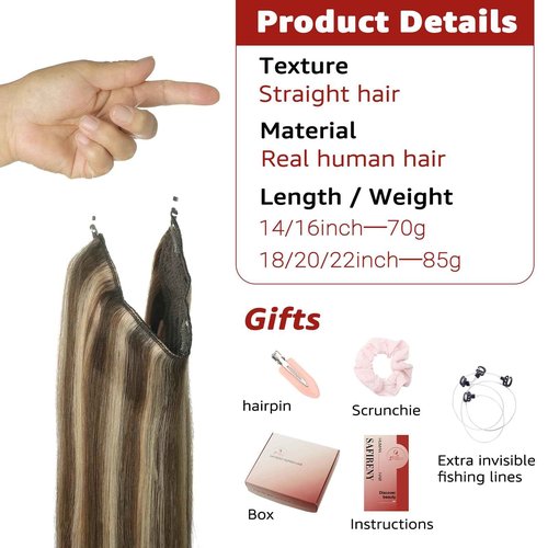 SAFIRENY 20 Inch Straight Real Human Hair Wire Fish Line Hair Extensions 85g (#4/27/4 Chocolate Brown Mixed with Caramel Blonde)