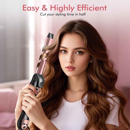 Soffiya Automatic Rotating Curling Iron 1-Inch - Self-Curl for Beach Waves & Thick Hair, Adjustable Temp 250°F-430°F + Dual Voltage Travel Iron - Salon Results for Beginners (Rose Gold)