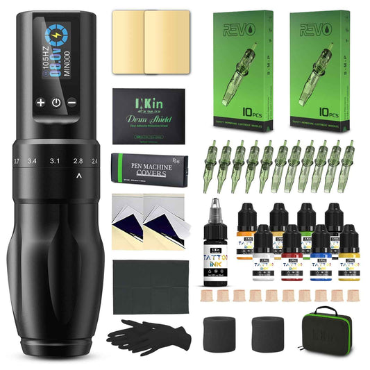 INKin Tattoo Kit for Beginners Complete Set, Wireless Tattoo Machine with 2.0mm-4.0mm Adjustable Stroke Length and 1600mAh Power Supply, 20Pcs Revo Tattoo Needles Assorted and 9Pcs Tattoo Inks