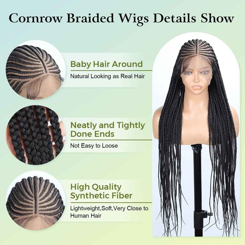 Vecago 36 Inch Cornrow Braided Wigs for Black Women, Knotless 13x8 Box Braid Lace Front Wigs with Baby Hair Black Synthetic Corn Braid Wig