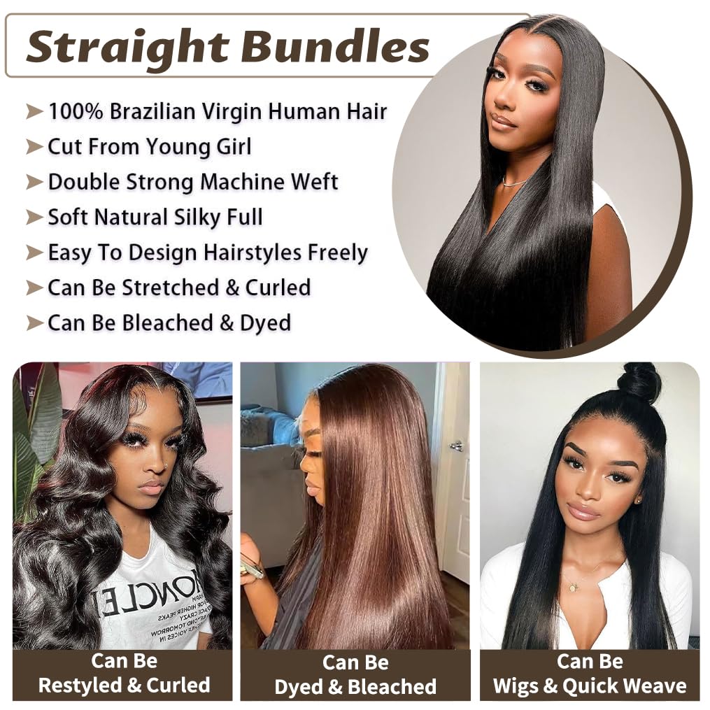 12A Straight Bundles Human Hair 20 22 24 Inch Human Hair Bundles 100% Unprocessed Brazilian Virgin Hair for Women Quick Weave Hair 3 Bundle Deals Hair Extensions Natural Black