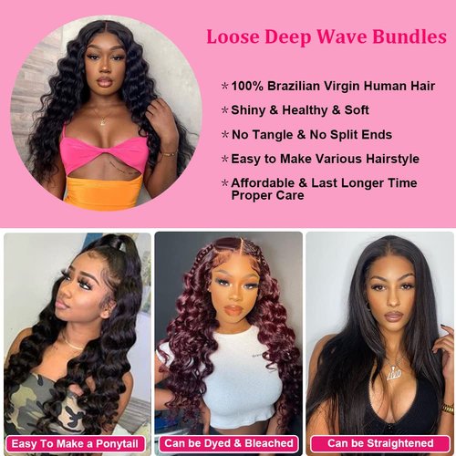 Loose Deep Wave Bundles Human Hair Bundles 12A Loose Deep Curly Bundles Human Hair Wet and Wavy Bundles Brazilian Virgin Loose Deep Wave Human Hair 3 Bundles Deep Curly Human Hair Extensions