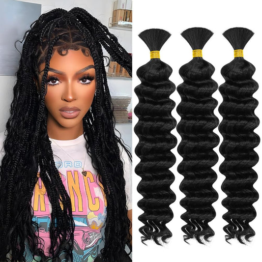 Human Braiding Hair, 3 Bundle 150g 20 Inch Boho Braids Human Hair 10A Deep Wave Bulk Brazilian Virgin No Weft Wavy Hair Extensions for Boho Bohemian Micro Braid Bulk for Braiding Natural Black