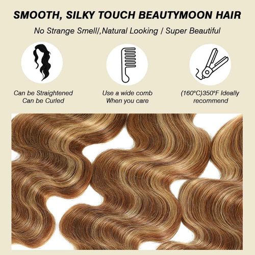 Ombre Human Hair Bundles Honey Blonde Body Wave 3 Bundles 20 22 24 Inch 100% Brazilian Virgin Hair 4/27 Highlight Body Wave Bundle Soft and Healthy Sew In Hair Extensions Real Human Hair for Women