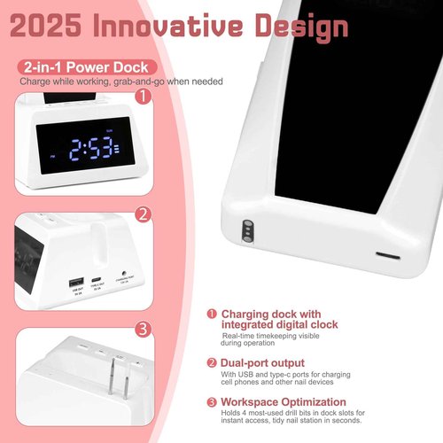 Nail Drill Professional, 40000RPM Rechargeable Electric Nail Drill with Corelss Motor, HoMove Cordless Nail Efile with Clock Power Dock for Acrylic Gel Nails Remove, Low Noise Low Vibration