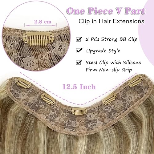 Balayage Clip in Hair Extensions V Shape Clips on Hair 3/4 Full Head Hairpieces One Piece for Women 20Inch Ombre Ash Blonde to Platinum Blonde Real Human Hair 100G Invisible Clip in Hair Extension