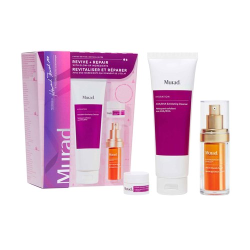 Murad Revive + Repair w/Glow Up Ingredients - 3-Piece Set ($135 Value) - Regimen for Total Skin Health - AHA/BHA Cleanser 5.0Fl Oz, Glycolic Serum 1.0Fl Oz, Cellular Hydration Cream 0.25Fl Oz