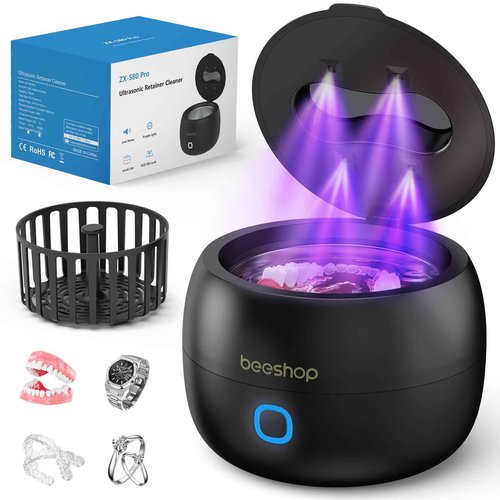 BEESHOP Ultrasonic Retainer Cleaner - 45kHz Retainer Cleaner Machine for Dentures, Mouth Guards, Night Guard, Braces, Aligner, Jewelry, 3 Modes Denture Cleaner & 200ML Dental Cleaning Pod (Black)