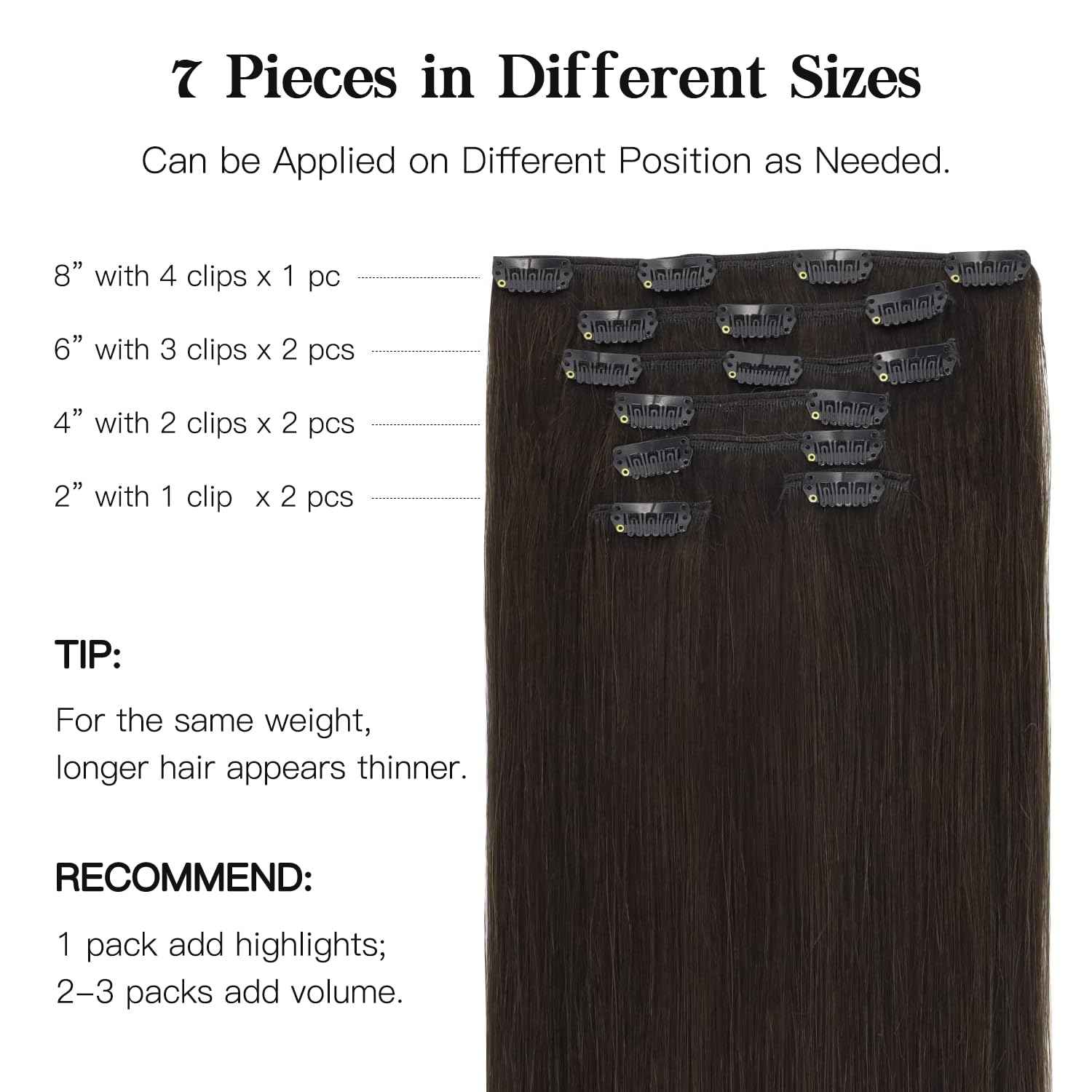 HOTBANANA Human Hair Clip in Hair Extensions, Dark Brown 120g Clip in Hair Extensions Real Human Hair Straight Remy Hair 24 Inch 7pcs