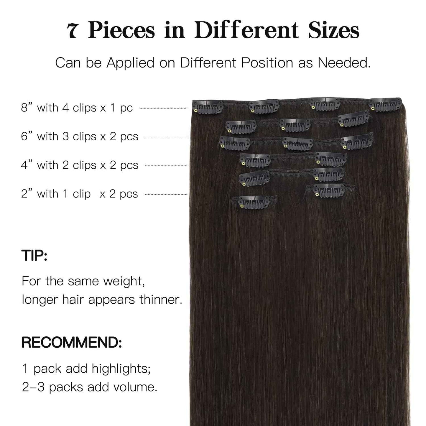 HOTBANANA Human Hair Clip in Hair Extensions, Dark Brown 120g Clip in Hair Extensions Real Human Hair Straight Remy Hair 20 Inch 7pcs