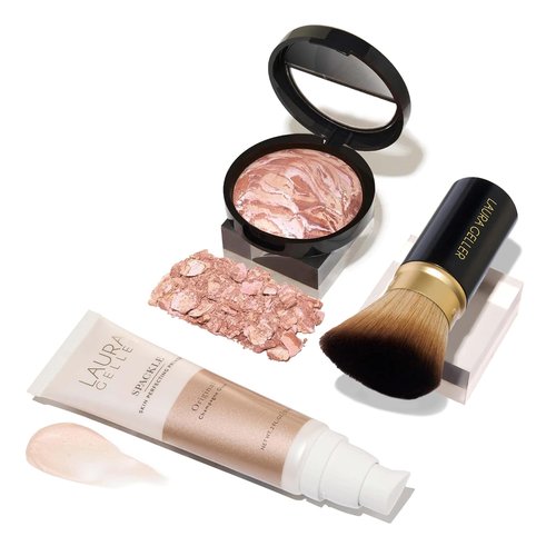 LAURA GELLER NEW YORK Ready-n-Radiant Kit (3 PC) - Baked Bronze-n-Brighten, Fair + Spackle Super-Size Skin Perfecting Primer, Champagne Glow + Retractable Angled Kabuki Brush