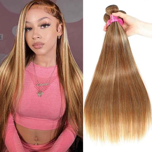 Beautymoon Highlight Ombre Straight Human Hair Bundles 100% Unprocessed Brazilian Honey Blonde Straight Hair 16 18 20 Inch 3 Bundles Deals Human Hair Double Weft 4/27 Colored
