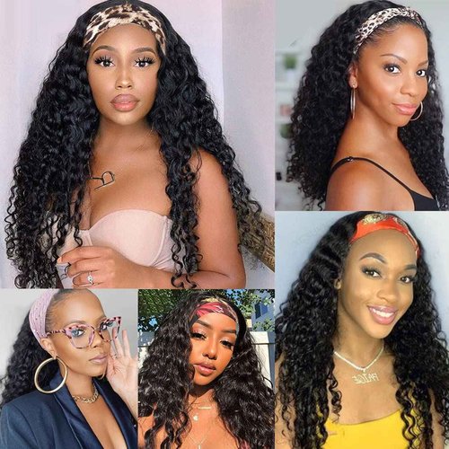 Aiterina Headband Wig for Black Woman 20 inch Brazilian Human Hair Wigs Deep Curly Wave Headband Wig Natural Color