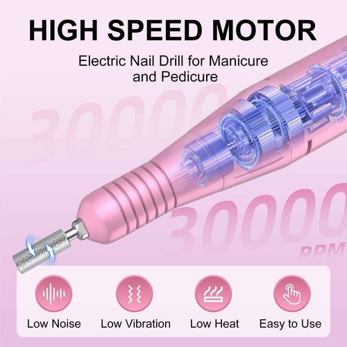 Professional Electric Nail Drill File: COSYGLOW Glitter Portable E-File Nail Drill Kit with11 Drill Bits Pink&Black