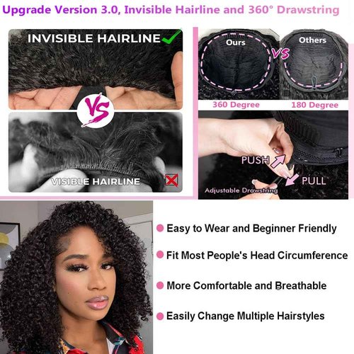 Kinky Curly Half Wig Human Hair 200 Density 3 In 1 Seamless Flip Over Half Wigs Wear Go Glueless Wigs Human Hair for Women Curly Half Wig Human Hair Drawstring Headband Wig Beginner Friendly 18 Inch