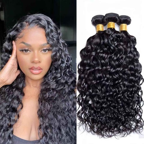 SHWAIR Water wave bundles 12A 100% Unprocessed Deep human hair bundles with Hair Extensions Natur weave Curly human hair natural blcak color for women (Natural Black, Water 20 22 24 inch 100g/bundle)