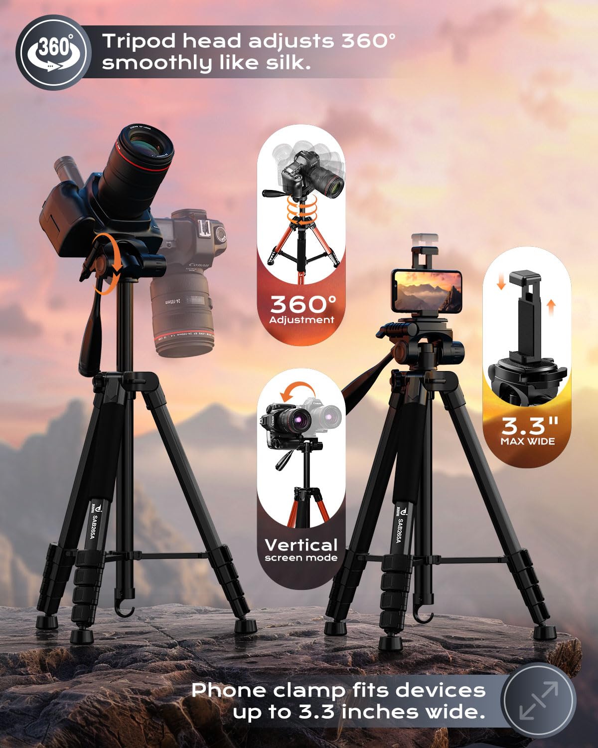 73" Camera Tripod Stand, Aluminum Tripod with Phone Holder, Travel Bag, Compatible with GoPro/DSLR/Cell Phone/Camcorder, Max Load 8.8LB (Black)