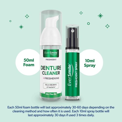 EverSmile FreshDent Denture and Partial Denture Cleaner + Teeth Whitening Spray and Foam– Travel Size Alternative to Cleaning Tablets That Eliminates Bacteria and Fights Bad Breath – 50ml + 10ml (4pk)
