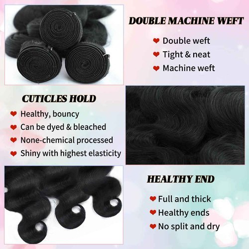 KAITHLYPO 12A Human Hair Bundles 14 16 18 Inch Body Wave 100% Unprocessed Brazilian Virgin 3 Bundles Weave Quick Wavy Human Hair Extensions for Women Natural Black