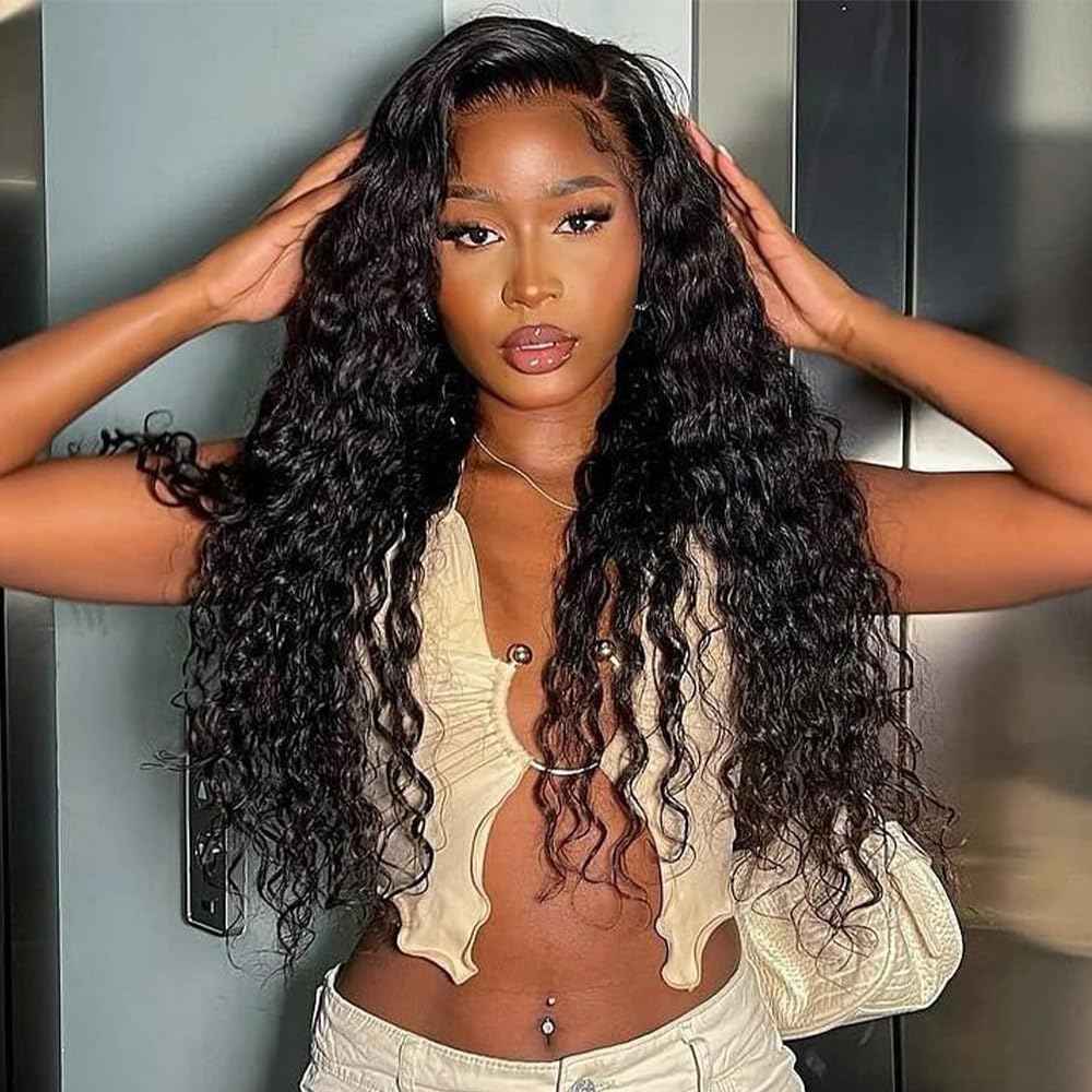 generousies Water Wave Lace Front Wigs Human Hair Wigs for Women 24 Inch 13x4 HD Lace Frontal Wigs Human Hair Pre Plucked 180% Density Wet and Wavy Curly Lace Front Wigs Natural Color