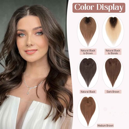 Hairro Human Hair Toppers Real Hair, Clips in 100% Human Hair Hairpieces for Women, 3.15"x3.94" Silk Base for Thinning Hair/Hair Loss/Covering Greyish Hair on Top, 12 Inch Bleach Blond with Black Root