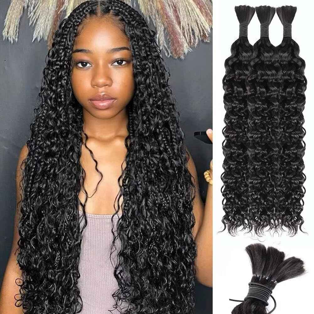 Human Braiding Hair Water Wave Bulk Human Hair 150g 24 Inch Natural Color Curly Human Hair for Boho Braids Hair Extensions No Weft 3 Braids Per Pack Wet and Wavy Human Hair Braiding Hair