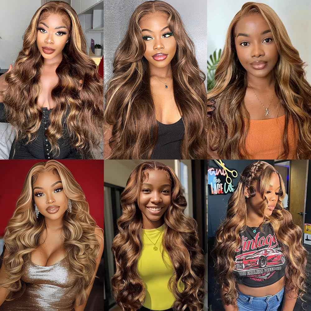 Honey Blonde Ombre Lace Front Wig Human Hair Highlight Wig Human Hair 4/27 Colored Body Wave HD Lace Front Wigs Human Hair Pre Plucked with Baby Hair Frontal Wigs for Women 180% Density 28 Inch