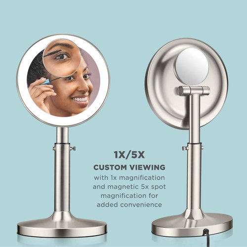 Conair Lighted Makeup Mirror, LED Vanity Mirror, 1X/5X Magnifying Mirror with Adjustable Telescoping, Corded in Brushed Nickel