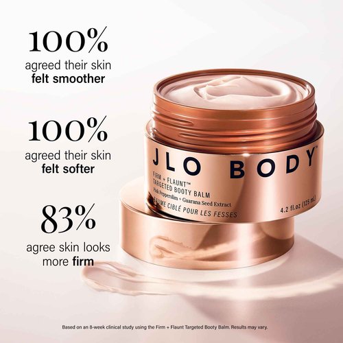 JLO BEAUTY Booty Balm, Skin Firming Cream for Butt, Hips, Thighs & Arms, Enriched with Hyaluronic Acid, Shea Butter, Avocado, and Squalane, Firm + Flaunt Targeted Body Moisturizer for Women, 4.2 Oz