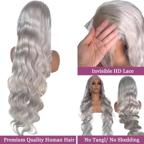 Ubetta Grey Lace Front Wig Human Hair Body Wave Silver Grey 13x6 Lace Front Wigs Human Hair, Glueless Gray Wig Human Hair Pre Plucked 20 Inch Body Wave Gray Wigs for Black Women 180% Density