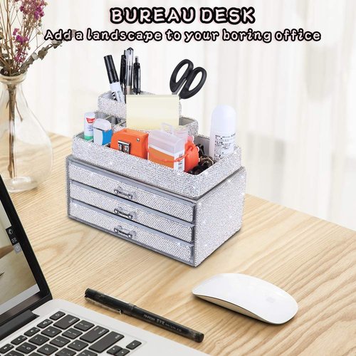 KEYPOWER Makeup Organizers Drawer Bling Diamond,Countertop Jewelry Cosmetic Storage Display Boxes,Makeup Brush Holder,2 Pieces Set(Purely Handmade)(White)