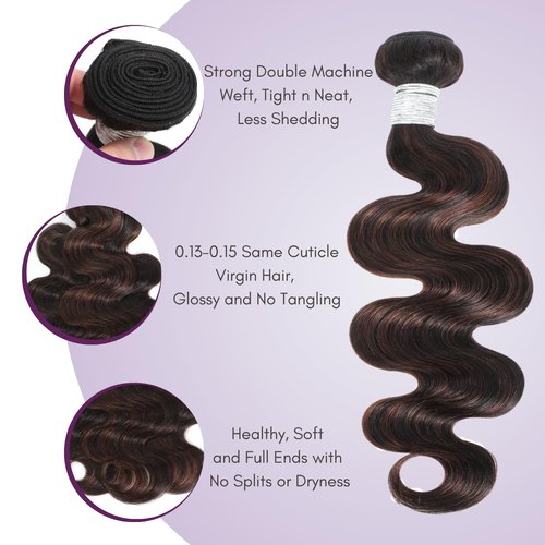 AUROO Brown Highlight Body Wave 3 Bundles Human Hair 10 12 14 Inch, 12A 2-Tone #F2/4 Dark Brown with Chestnut Streaks Ombre Human Hair Bundles 100% Virgin Real Hair Wavy Weave Thick Track Sew in Remy