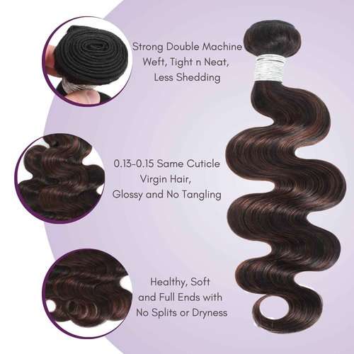 AUROO Brown Highlight Body Wave 3 Bundles Human Hair, 100% Virgin Real Hair Wavy 12A Weave #F2/4 2-Tone Dark Brown with Chestnut Streaks Ombre Human Hair Bundles 3pcs Thick Track Sew in 12 14 16 Inch