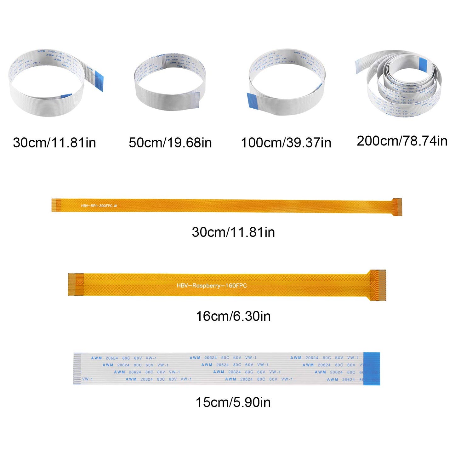Aokin for Raspberry Pi Camera Cable, Ribbon Flex Extension Cable Set (7 Pcs), 5.90/11.81/19.68/39.37/78.74in White Cable for Pi A/B/B+, 2, 3 3B+, 4; 6.30/11.81in Golden Cable for Pi Zero/Zero w