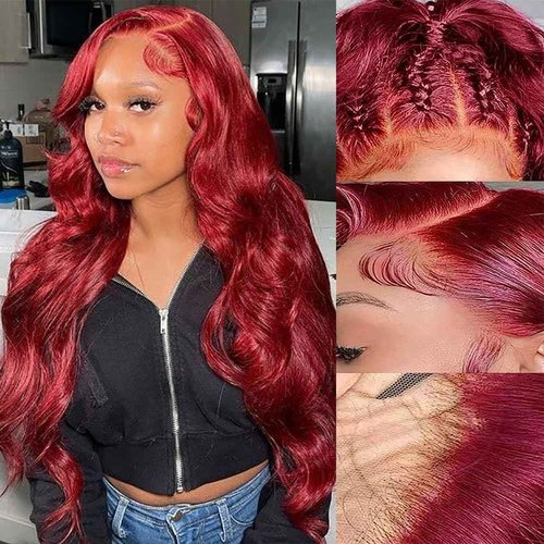 Aliprincess 220% Density 99J Burgundy Lace Front Wigs Human Hair Pre Plucked Hairline Body Wave Glueless 13×4 HD Transparent Wigs for Women Human Hair Wine Red Colored (24 inch, 99j)