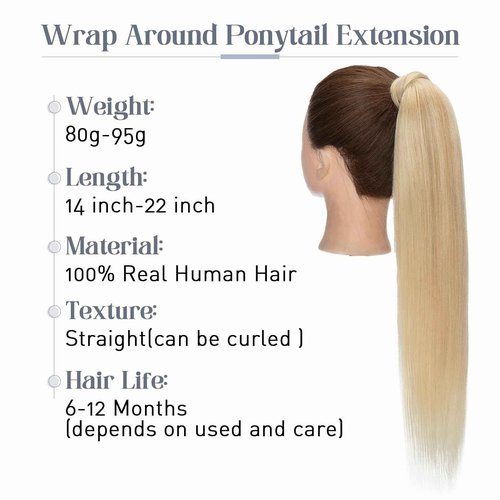 Rich Choices Ponytail Extension 100% Real Human Hair Wrap Around Remy Ponytail Extension for Women Clip In Long Pony tail Extensions Straight 22 Inch #18P613 Ash Blonde Highlighted Bleach Blonde