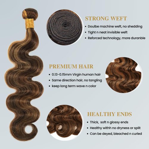 BQRIH 12A Brown Highlight Body Wave Bundles Human Hair 10 12 14 In Brazilian Virgin Wavy Weaves F1B/30 Black and Honey Blonde Ombre 3 Bundles Soft Balayage Colored Human Hair Extensions For Women Remy