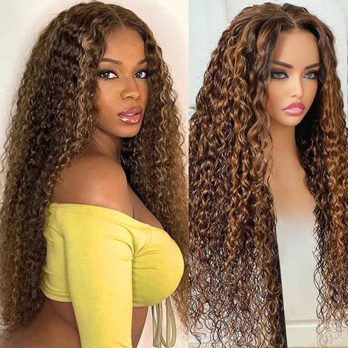 ADESORAES 26 Inch Honey Blonde Wigs Human Hair 180% Density 4/27 Highlight Ombre Lace Front Wigs 100% Human Hair Water Wave Lace Frontal Wigs Pre Plucked Wet and Wavy Curly Human Hair Wig