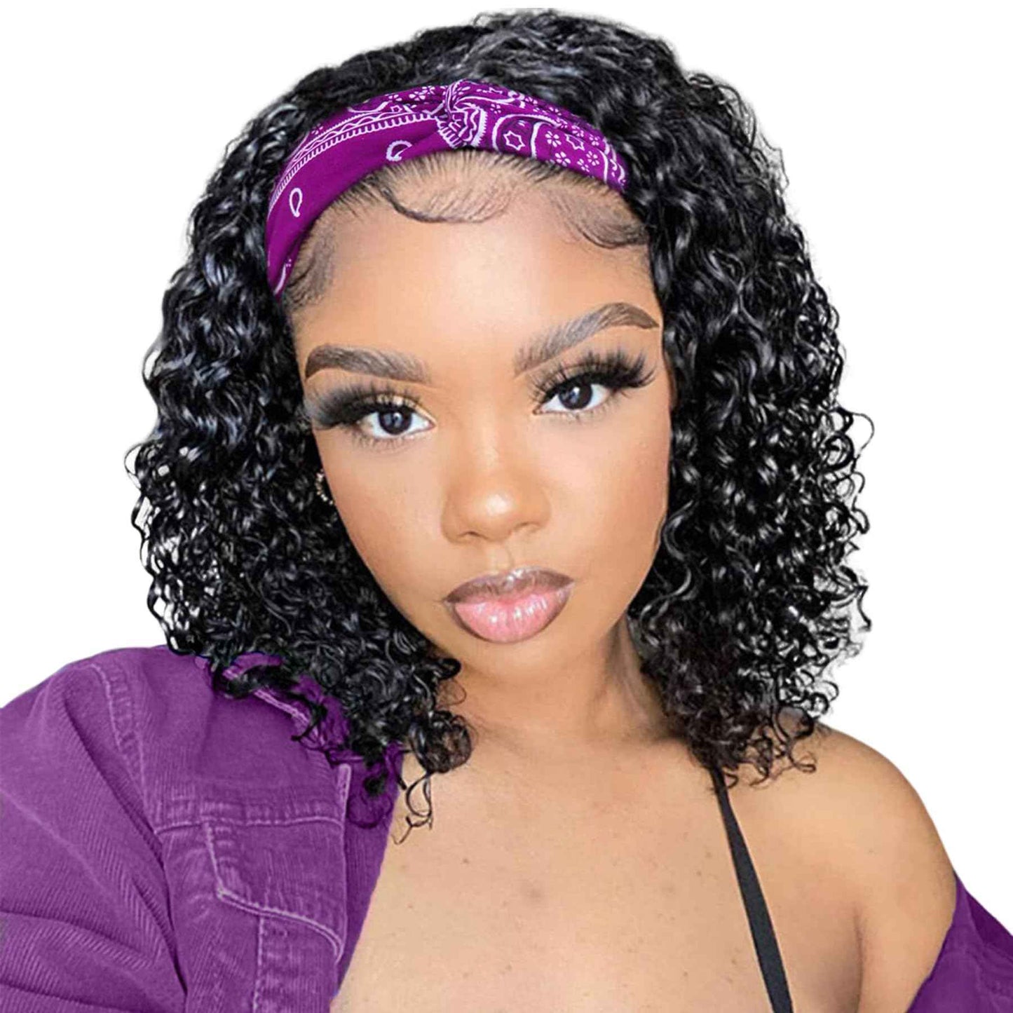 JCL Headband Wig Human Hair Deep Wave Headband Wigs Wig 12 Inch Glueless Wigs Human Hair Natural Color Curly Wigs for Black Women Human Hair None Lace Front Wigs