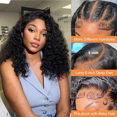 Ablvari 13x6 Deep Wave Bob Lace Front Wigs Human Hair 180% Density HD Lace Frontal Wigs Human Hair Pre Plucked 16 Inch