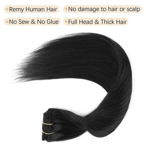 ABH AMAZINGBEAUTY HAIR Clip in Hair Extensions Human Hair Straight Clip in Extensions Full Head Clip in Remy Human Hair Clip ins Jet Black Color #1 Reusable Invisible 8Pcs 20 Inch 120 Grams