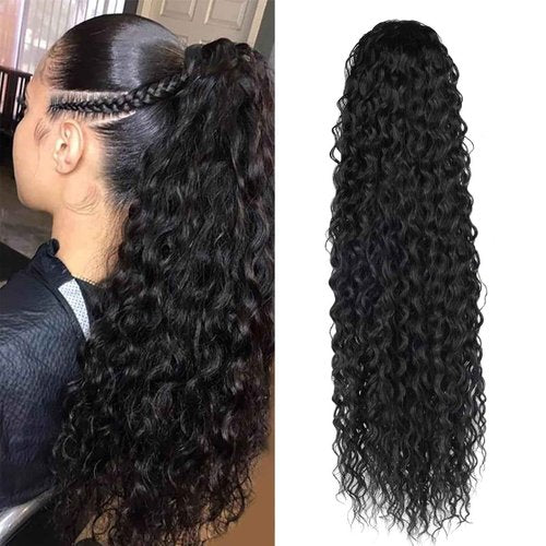 Ponytail Extension Drawstring Human Hair Clip in Pony Tail Hair Extensions for Black Women Curly Wave Thick Natural Looking Hair Pieces Water Wave Human Hair Ponytail（24Inch）