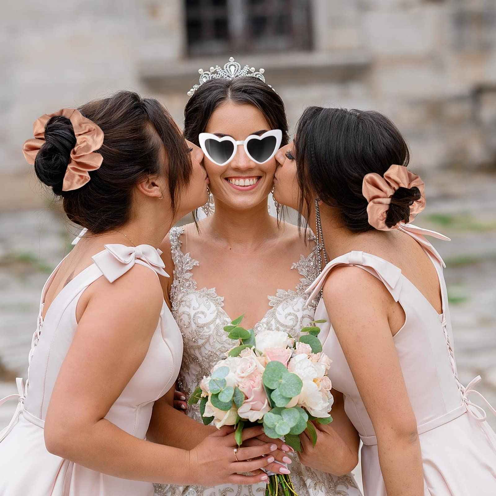 Loanzeg Bridesmaid Scrunchies Proposal Hair claws clips Set of 12 Bridal Shower heart sunglasses Gifts for Wedding Bachelorette Party Favors (48pcs White&rose gold)