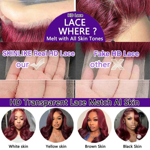 HaEver 30 Inch 99J Burgundy Lace Front Wigs Human Hair Pre Plucked 200% Density Body Wave Lace Front Wigs Human Hair Red Wig HD Transparent Full Frontal 13x6 Glueless Colored Natural Wig For Woman