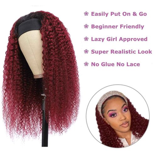 Kislemon Curly Headband Wig for Black Women, Ombre Dark Red 100% Unprocessed Human Hair Wigs, Burgundy Color Red Wine None Lace Front Wigs with Headband (24'', 1B/Burgundy, Curly), Ombre 1B/99J, Curly