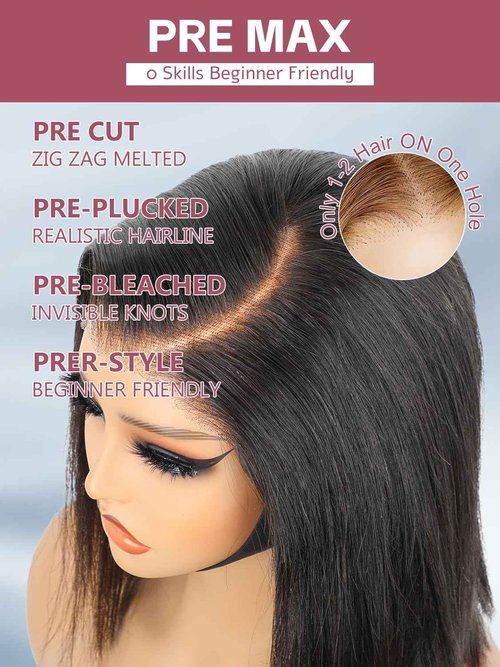 ORIGINAL QUEEN OQ Hair Glueless Wigs Human Hair Bob Straight Side Part 5X7 Pre Plucked Pre Cut Pre Bleached Wear and Go Wigs Human Hair Short Straight Bob Wigs for Women 12Inch