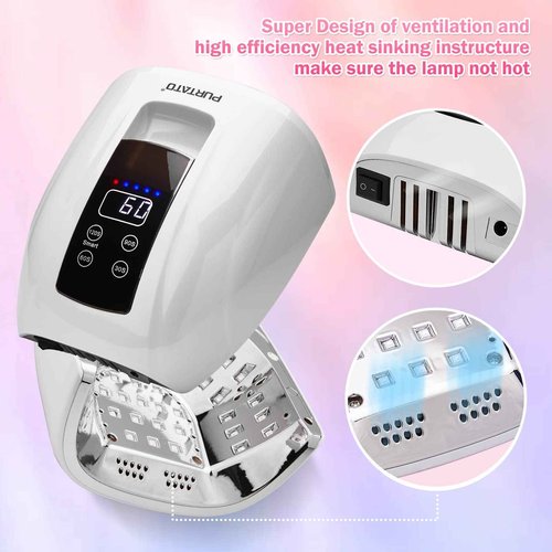 Purtato Professional Salon Rechargeable 90W UV LED Cordless Nail Lamp,45 lamp Beads Long Battery Life,Removable Stainless Steel Bottom, 4 Timer Setting and Smart Sensor Nail Dryer (White)
