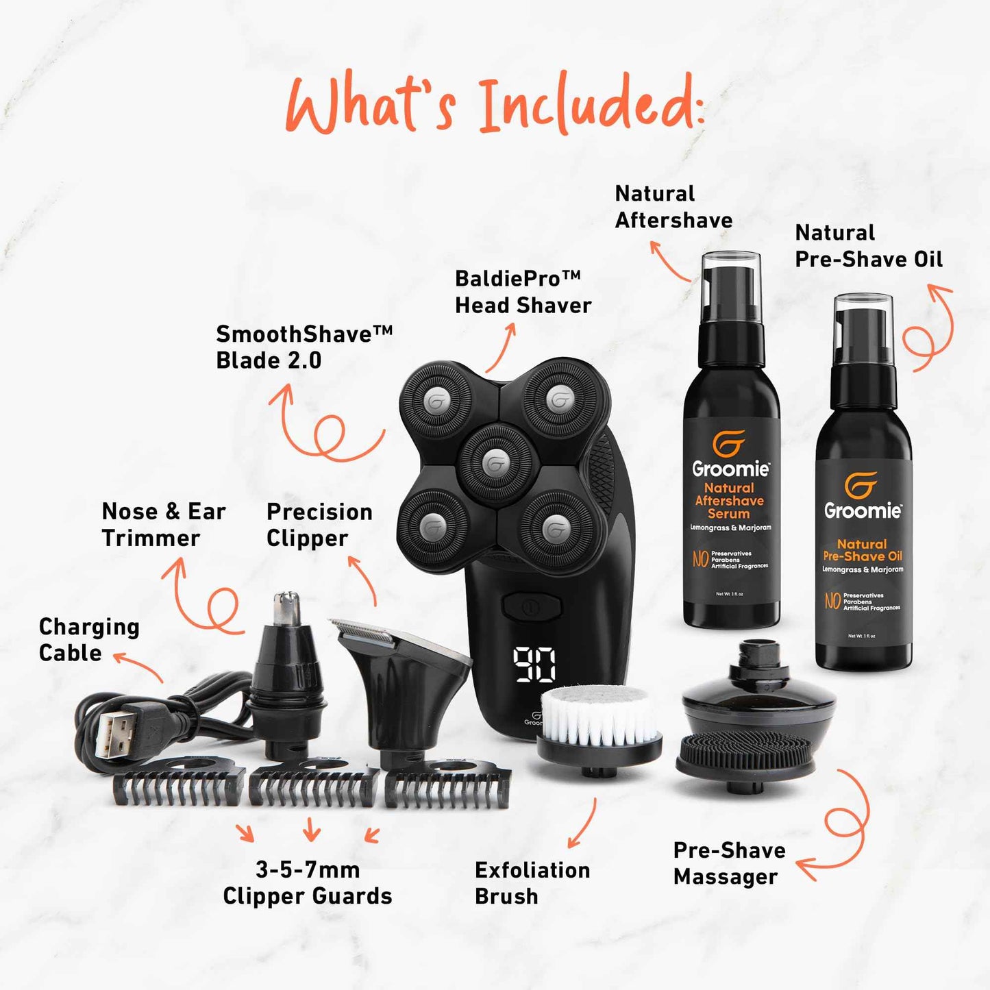 GROOMIE No Hair, Don't Care Bundle - 5D BaldiePro Electric Head Shavers for Bald Men, Natural Pre-Shave Oil to Promote Close Shave, & Natural Aftershave Serum - Mens Head Shaver Kit w/Electric Razor